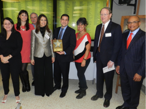 Lauren Fernandez, Esq., Sheila Cesarano, Esq., Antonia Martinez, Jr., Esq., Shutts & Bowen; The Honorable Migna Gonzalez-Llorens; Honoree Rene Gonzalez-Llorens, Esq., Shutts & Bowen; Nelba Gonzalez, Senior Group Health and Activities Coordinator, Miami Lighthouse; David McCrea, Esq. and Francois Henriquez II, Esq., Shutts & Bowen.