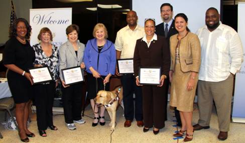 Florida Senators and Representatives received plaques in recognition of their support of Miami Lighthouse programs (from left to right) Representative Barbara Watson, Senator Gwen Margolis, Senator Nan Rich, CEO Virginia Jacko, Senator Oscar Braynon, Representative Cynthia Stafford, Representative Jose Felix Diaz, Doral Councilwoman Ana Maria Rodriguez and Representative Dwight Bullard.